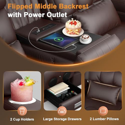 Power RV Loveseat Recliner Sofa, Reclining Loveseats Couch for RV Furniture, Home Theater Seating with Heat Massage, Flip Backrest, USB, Cup Holders, 150° Wall Hugger RV Recliners Sleeper Sofas - color: Flip Back Brown, size: Loveseat-G1-Power