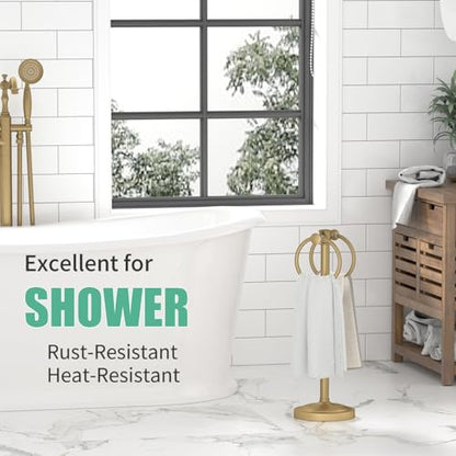 Hoimpro 17" Brushed Gold Free Standing Towel Rack Bracket, Double Towel Ring Hand Towel Stand Holder, Bathroom Hardware Accessories Set Towel Bar for Bathroom Vanities and Kitchen Countertops - color: Brushed Gold