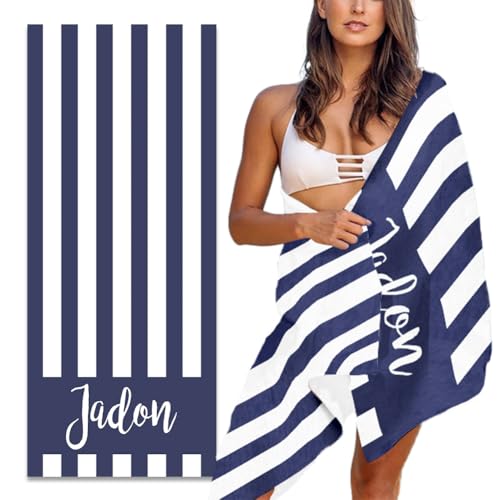 MeMoShe Personalized Beach Towel with Name Custom Microfiber Kids Beach Towels Sand Free Quick Dry Pool Towel Blanket Stripes Print Beach Towels for Adults 30x60 Inch-Navy-3 - color: Navy-3