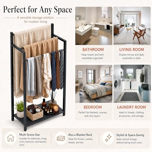 Freestanding Towel Rack, 3 Tier Blanket Ladder Stand with Black Wooden Shelf for Bathroom Living Room (31.5" H x 16.9" W x7.9 D) - color: Black, size: 31.5"H x 16.9"W x7.9"D