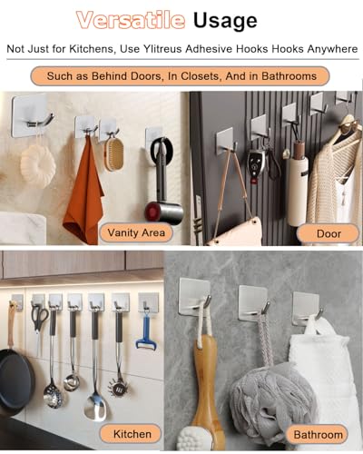 8 Pack Adhesive Wall Hooks, Self-Adhesive Hooks for Bathroom, Door Back Stick-On Towel Hooks, Hanging Coat Hat Key Washcloths Aprons Oven Mitts for Kitchen Shower Garage Home, Silver - style: S-Silver-45°