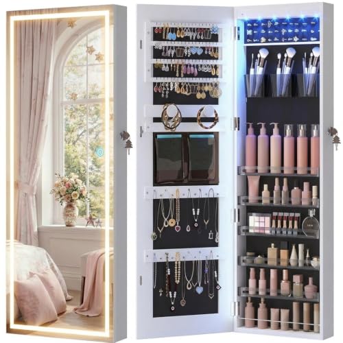 LVSOMT LED Mirror Jewelry Cabinet Door Hanging, Wall Mounted Jewelry Mirror Organizer Full Length, Lockable Jewelry Armoire, Large Capacity, for Small Space Bedroom, Gift for Women, White - color: White
