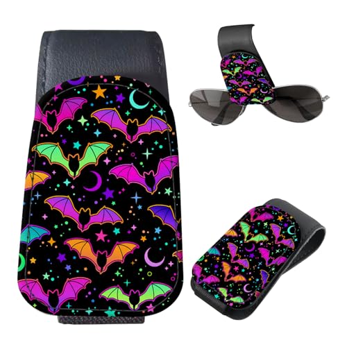 Sunglasses Holder for Car Visor, PU Leather Glasses Clip Organizer, Cute Magnetic Eyeglass Holder for Vehicle Sun Visor, Car Interior Accessory for Women & Men Purple Bats Sky - color: Purple Bats Sky