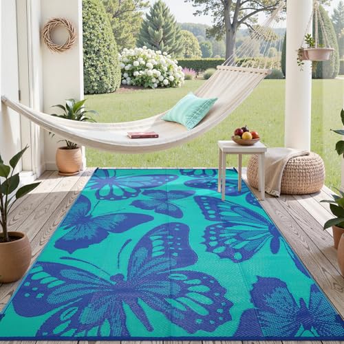 Uphome Outdoor Rug Waterproof 6x9 ft, Patio Plastic Straw Rugs for RV Camping, Reversible Butterfly Mat Outside, Indoor Outdoor Floor Carpet for Back Yard Deck Balcony Porch Beach Picnic - color: Bluish Violet, size: 6' x 9' (Rectangular)