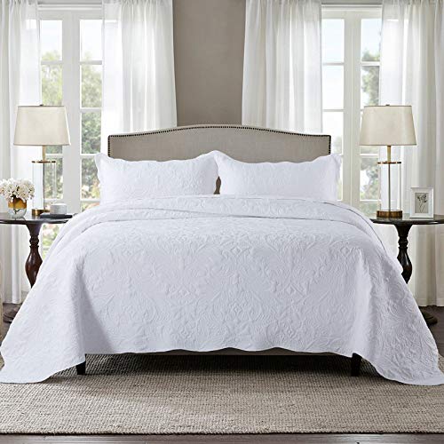 HoneiLife Quilt Set Queen Size - 3 Piece Embroidered Microfiber Bedspread Reversible Coverlet Lightweight Bedcover Paisley Pattern Bedding Set All Season Quilts-White - color: White, size: Queen/Full-90"x96"