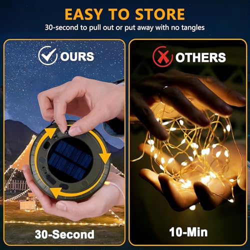 Solar Camping String Lights, 4 in 1 Camping Light with 32.8ft Retractable Fairy Lights - USB Rechargeable & IPX4 Waterproof, 5 Modes Portable Hanging Tent Lights for RV, Patio, Hiking