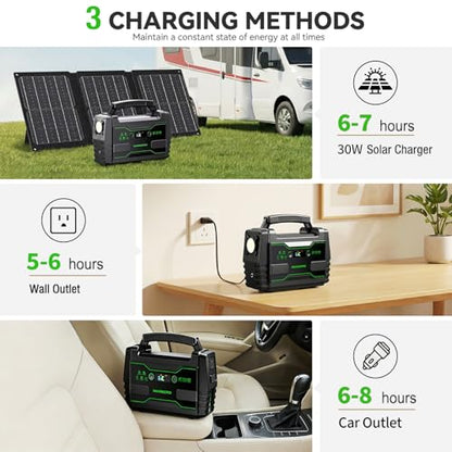 MARBERO Solar Generator 155Wh with 30W Solar Panel Portable Power Station with 2x 100W AC Outlets(Peak 150W), QC3.0 USB UL Certified for Home Blackout, Camping, RV Travel, Ultra-Light & Silent Fan - color: Green Black