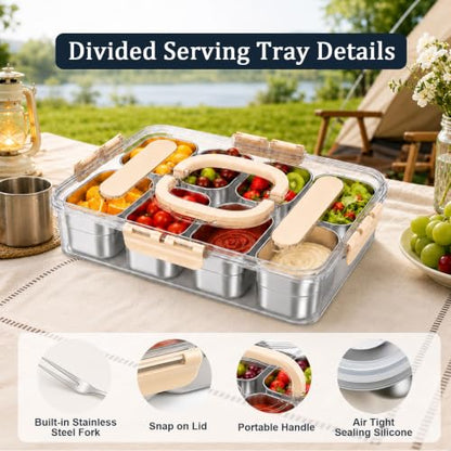 Snackle Box Container, 304 Stainless Steel Snack Box, Snacklebox for Fruit, Snackle Box with Individual Lids and 2 forks, 8 Compartment Stainless Steel Snack Containers for Party, Beach, Travel - color: Silver Gray
