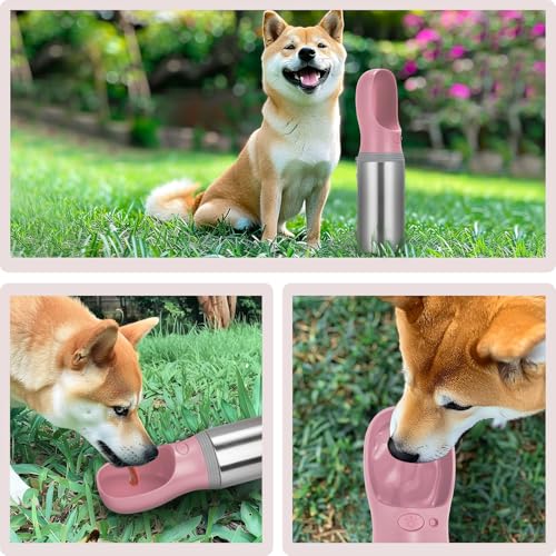 Portable Dog Water Bottle, 14 OZ, Stainless Steel Leak Proof Puppy Water Dispenser with Drinking Feeder for Pets Travel, Walking, Hiking and Outdoor Activities - size: 14 OZ - Pink, style: Button switch