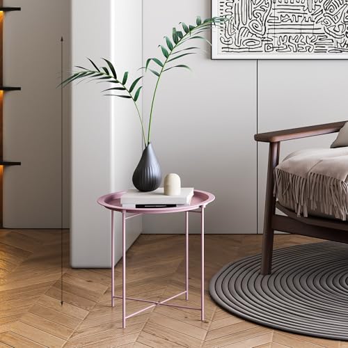 End Table Set of 2,Pink Outdoor Side Table, Small Patio Round Folding Metal Side Tables for Outdoor,Living Room,Bedroom Balcony and Office, 2 PCS - color: Pink