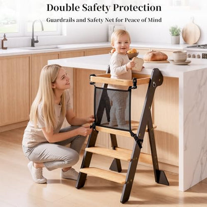 COSYLAND Foldi Foldable Toddler Kitchen Stool - Adjustable Height Toddler Standing Tower with Net & Safety Feet, IF Award-Winning Wooden Learning Step Tower for Kids 18M-6Y, Black & Natural - color: Black & Natural