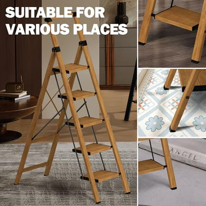 5 Step Step Ladder,Lightweight Folding Step Stool with Anti-Slip Aluminum Wide Pedal&Convenient Handgrip,Steel Ladder for Household and Office(Woodgrain) - color: Woodgrain, size: 5 Step