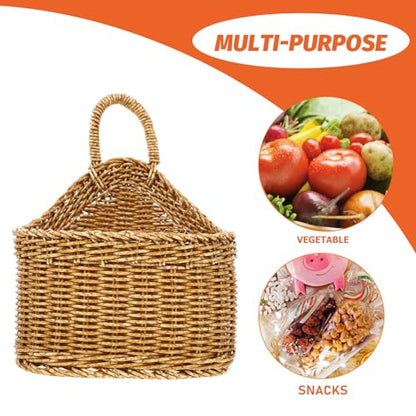 Cabilock Small Wall Hanging Basket | Boho Plastic Woven Kitchen Organizer | Compact 7.5 x 7.5 x 9.25 in size for small fruit, garlic, keys, or faux flowers