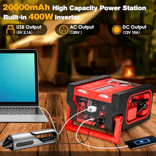 2000A 12V Solar Car Battery Jump Starter-20000 mAh Portable Power Station with 100 PSI Faster Air Compressor, 400W Inverter AC/DC/USB Ports and LED Lights, for Up to 10L Gas and 8.5L Diesel Engine