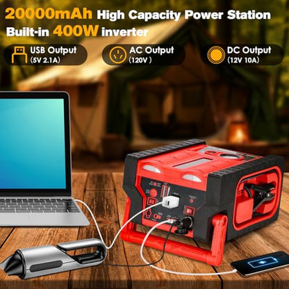 2000A 12V Solar Car Battery Jump Starter-20000 mAh Portable Power Station with 100 PSI Faster Air Compressor, 400W Inverter AC/DC/USB Ports and LED Lights, for Up to 10L Gas and 8.5L Diesel Engine