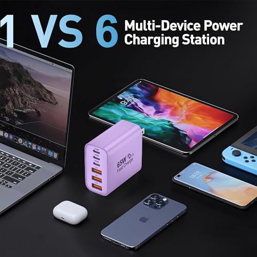 65W USB C Charger Block,6-Port Multi Device Fast Charger PD QC Wall Adapter | GaN technology saves space and reduces heat,ideal for home,office,travel,wide compatibility for iphone & USBC devices（Purple - color: Purple