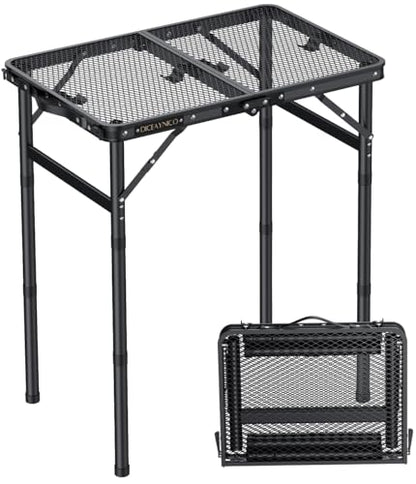 Folding Camping Table, 22" x 15" Picnic Table with 3 Adjustable Height Max 27.5", Matte Black Aluminum Folding Table with Handle for Party, Dining, Garden, Patio, Market (2-Fold Mesh Tabletop) - style: 2-Fold Mesh Tabletop