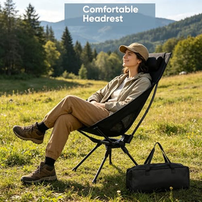Swivel Portable Camping Chair, High Back Folding Chair with Detachable Pillow, Compact Lightweight Backpacking Chair for Outdoor, Travel, Beach, Hiking, Support 330 LBS, 1 Pack Black