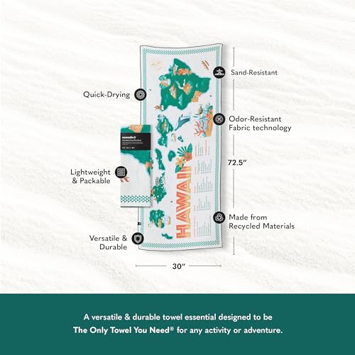 Nomadix Original Towel - Perfect for Beach, Pool, Travel, Camping, Yoga - Made with Recycled Materials - Super Absorbent - Sand Resistant - Hawaii Map - 72.5x30 - color: Green & White