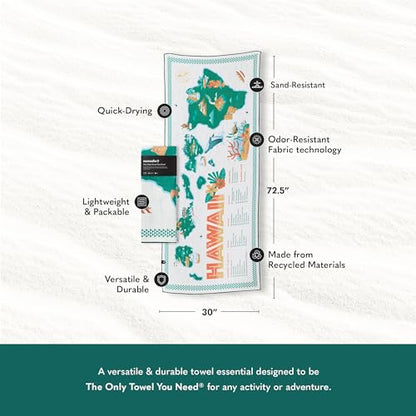 Nomadix Original Towel - Perfect for Beach, Pool, Travel, Camping, Yoga - Made with Recycled Materials - Super Absorbent - Sand Resistant - Hawaii Map - 72.5x30 - color: Green & White