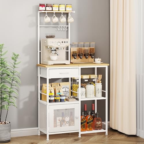 SWTYMIKI Coffee Bar with Hanging Rack - Farmhouse Coffee Stand Station Multi-Purpose Buffet Sideboard Cabinet with Drawers - Kitchen Bar Table for Living Room, Corner, Small Space, Natural - color: Natural - Standard, style: Coffee Station with Hanging Ra