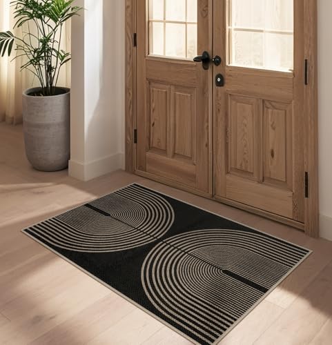 Rugalia Easy Jute Rainbow Entryway Rug, 2.6x4 Black Washable Non-Slip Indoor Outdoor Doormat, Boho Farmhouse Neutral Kitchen Rug Modern Abstract Throw Rugs for Entrance Bedroom Bathroom - color: Black Rainbow, size: 2.6' x 4' (Rectangular)