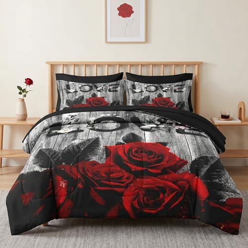 WeCozy 5 Pcs Twin Size Comforter Set with Pillowcase & Sham, Red Rose Flower Bedding for Kids and Adults, Summer Vintage Woodboard Wood Grain Bed in a Bag with Flat Fitted Sheet - color: Red Rose, size: Twin