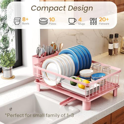SNTD Dish Drying Rack - Small Dish Rack for Kitchen Counter, Stainless Steel Dish Drainer with Utensil Holder and Drainboard, 11" W x 15" L (Pink) - color: Pink, size: 11" W x 15" L