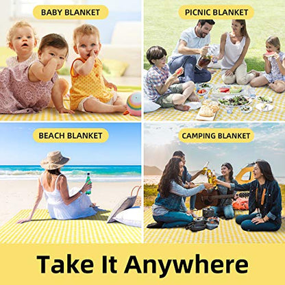 ZAZE Extra Large Picnic Blankets, 80''x80'' Washable Waterproof Foldable Oversized Compact Picnic Mat for Spring Summer Blanket Beach, Camping on Grass (Yellow and White) - color: Yellow and White