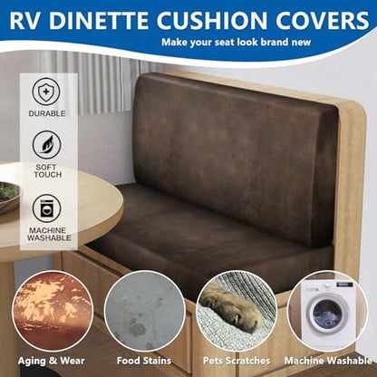 ANARACHON Leather Look RV Camper Dinette Cushion Covers, Washable RV Couch Cushion Covers Dinette Booth Seats Stretchable Camper Seat Covers (02 Brown, 1 Set) - color: 02 Brown, size: 1 Set