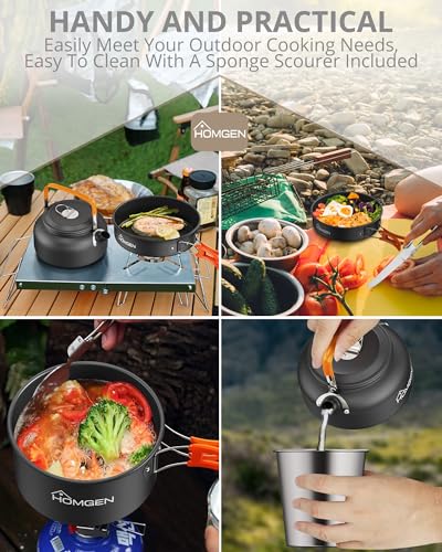 HOMGEN Portable Ultralight Anodized Aluminum Camping Cookware Set - Nesting Camping Pot and Pan-800ml Insulated Teapot-Carrying Bag-for Camping Hiking Picnic RV Trip - size: For 2 People