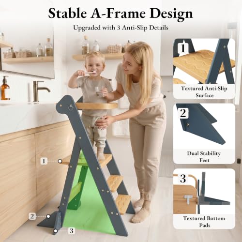 COSYLAND Foldi Foldable Toddler Kitchen Stool - Adjustable Height Toddler Standing Tower with Net & Safety Feet, IF Award-Winning Wooden Learning Step Tower for 18M-6Y, Slate Blue & Natural - color: Slate Blue & Natural