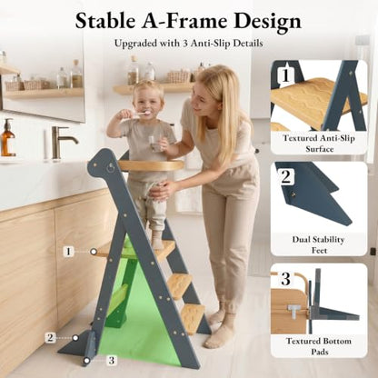 COSYLAND Foldi Foldable Toddler Kitchen Stool - Adjustable Height Toddler Standing Tower with Net & Safety Feet, IF Award-Winning Wooden Learning Step Tower for 18M-6Y, Slate Blue & Natural - color: Slate Blue & Natural