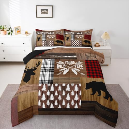 Retro Cabin Comforter Set Rustic Adventure Bear Deer Bedding Set Hunting Wildlife Wild Animal Duvet Insert Plaid Lodge Farmhouse Down Comforter Western Country Comforter + 1 Pillow Case, Twin Size - color: Multi 85, size: Twin