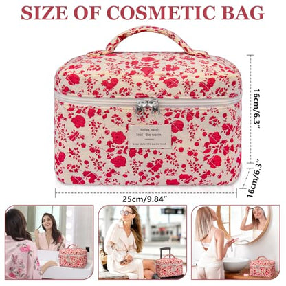 Gosect Large Makeup Bag, Cute Cosmetic Bag for Women Girls, Floral Coquette Aesthetic Toiletry Bag, Travel Make Up Organizer Bag (Pink Rose) - color: 014Pink Rose
