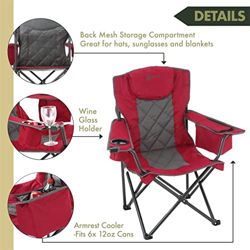 ARROWHEAD OUTDOOR Portable Deluxe Folding Camp Quad Chair w/Headrest, Glass & Cup Holders, Armest 6-can Cooler, Heavy Duty Carry Bag, 550 lbs Weight Capacity - color: Burgundy Red
