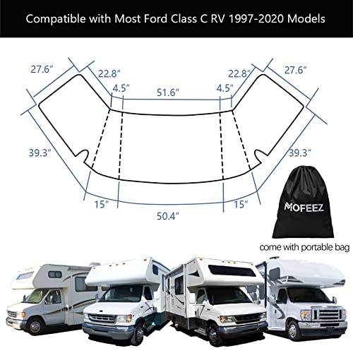 RV Windshield Cover Compatible with Class C Ford 1997-2026, UV Block Offer Complete Privacy with Light Preserves Interior (White Color with Mirror Cutouts)