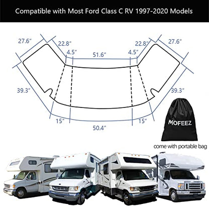 RV Windshield Cover Compatible with Class C Ford 1997-2026, UV Block Offer Complete Privacy with Light Preserves Interior (White Color with Mirror Cutouts)