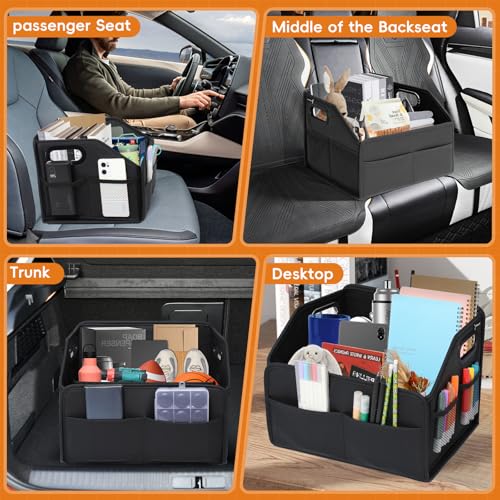 Car Storage Organizer Reinforced Dividable Leather Car Caddy Basket for Front Seat Floor Back Sturdy Frosted Handle 8 Compartments Adjustable Strap Buckles Slip-Resistant (Normal)