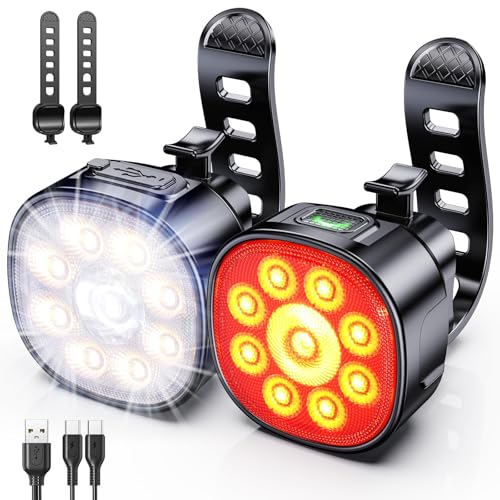 Cuvccn Bike Lights Super Bright, Rechargeable Bicycle Lights Set Multiple Modes, Waterproof Bike Lights for Night Riding/Cycling Safety, Front and Back Bike Reflectors Light, Long Battery Life - style: 9 Led*1