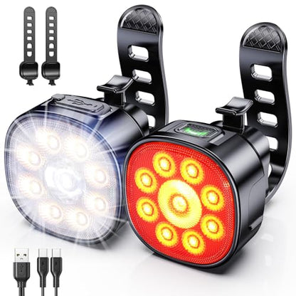 Cuvccn Bike Lights Super Bright, Rechargeable Bicycle Lights Set Multiple Modes, Waterproof Bike Lights for Night Riding/Cycling Safety, Front and Back Bike Reflectors Light, Long Battery Life - style: 9 Led*1