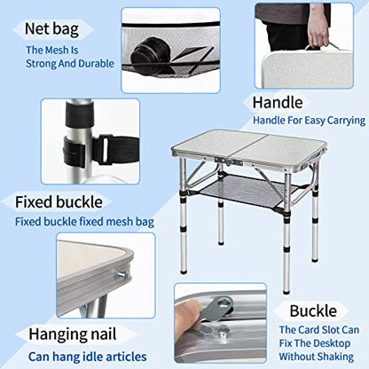 Small Folding Table with Storage Net, 24" x 16" Portable Foldable Camping Table with 3 Adjustable Height, White Metal Table for Beach, Patio, BBQ - size: S[24"*16"*24"]