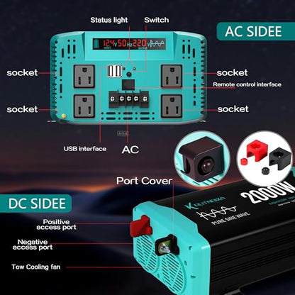 2000W Pure Sine Wave Inverter Peak 4000w 12V DC to 120V AC for RV, Truck, Off-Grid, Home, Solar Car Power Inverter with Dual AC Hardwire Port, 50A Socket, 5V 2.1A USB - size: Pure sine 2000W