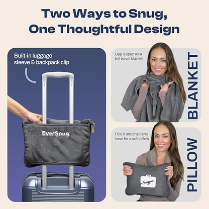 EverSnug Travel Blanket and Pillow - Premium Soft 2 in 1 Airplane Blanket with Soft Bag Pillowcase, Hand Luggage Sleeve and Backpack Clip (Grey) - color: Grey