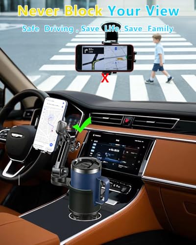 Cup Phone Holder for Car with Expandable Base, 2 in 1 Height-Adjustable Dual Cell Phone Holders Car Cupholder Mount, Friendly Fit Large Bottle & iPhone All Cellphone for Truck SUV | No Shake Design - color: Gray
