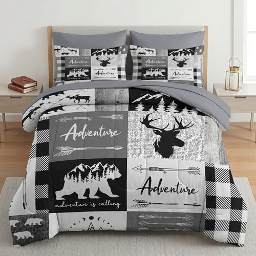 Nesker 7 Pcs Comforter Set Full Size, Black Bear Deer Bedding Set for Kids and Adults, Adventuie Hunting Wildlife Bed Sheet Sets with Fitted Sheet 2 Pillowcases & 2 Shams - color: Adventure, size: Full