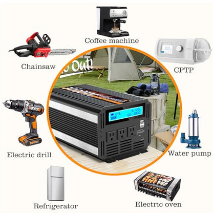 3000W Power Inverter 12V DC to AC 110V/120V (Peak) 6000W Converter 3 sockets car Inverter with Remote Control and LED Display 3.4A USB Port - size: 12v-3000W