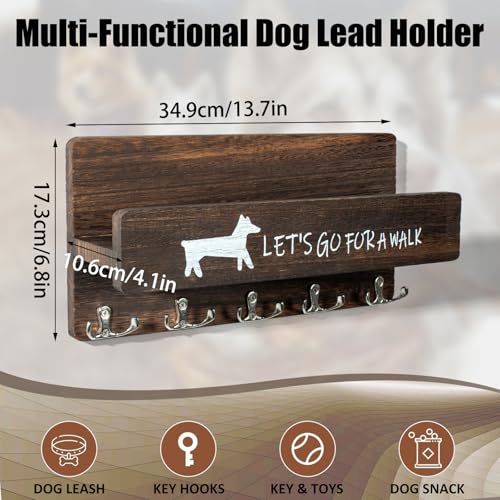 Wood Dog Leash Holder for Wall, Key Hangers with 5 Double Key Hooks, Dog Leash Hanger Wall Mounted for Entryway, Farmhouse Treats,35cm,Brown - color: Brown