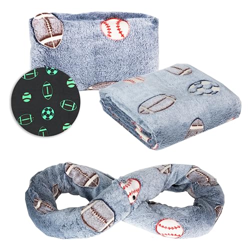 NAPRO Kids 3-in-1 Travel Blanket and Pillow Combo, Convertible Infinity Scarf, Lightweight Neck Support for Airplane, Car & Camping, Glow-in-The-Dark - Sports - color: Sports