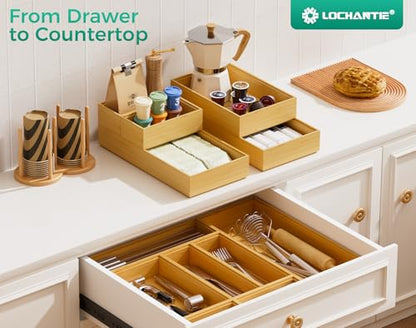 Bamboo Kitchen Drawer Organizer Boxes – 14" x 5" Stackable Wood Silverware Utensil Tray for Drawers Bins Cutlery & Flatware Storage – Wooden Pantry Organizers Set of 2 for Junk Drawer Bathroom Rv - size: 14" x 5" x 2"